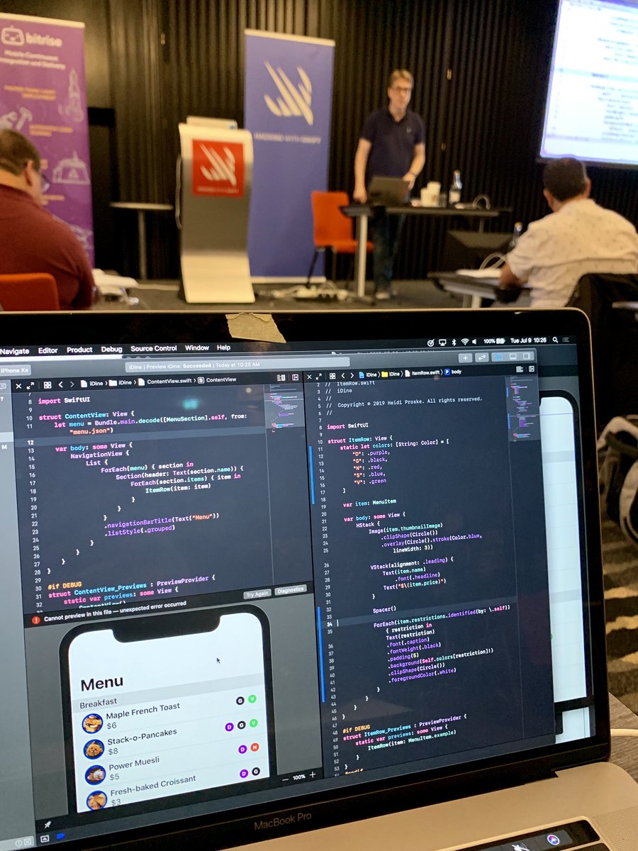 HeidiProske's tweet image. My first taste of SwiftUI at #HackingWithSwiftLive with @twostraws 😍