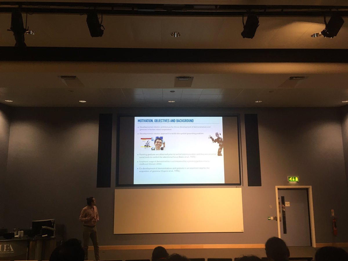 DCOMM_EU's tweet photo. @barisserhan presenting his research on replicating infants’ behaviours with a Babybot: early comprehension of pointing gestures. #dcomm https://t.co/CXRLImJtuT