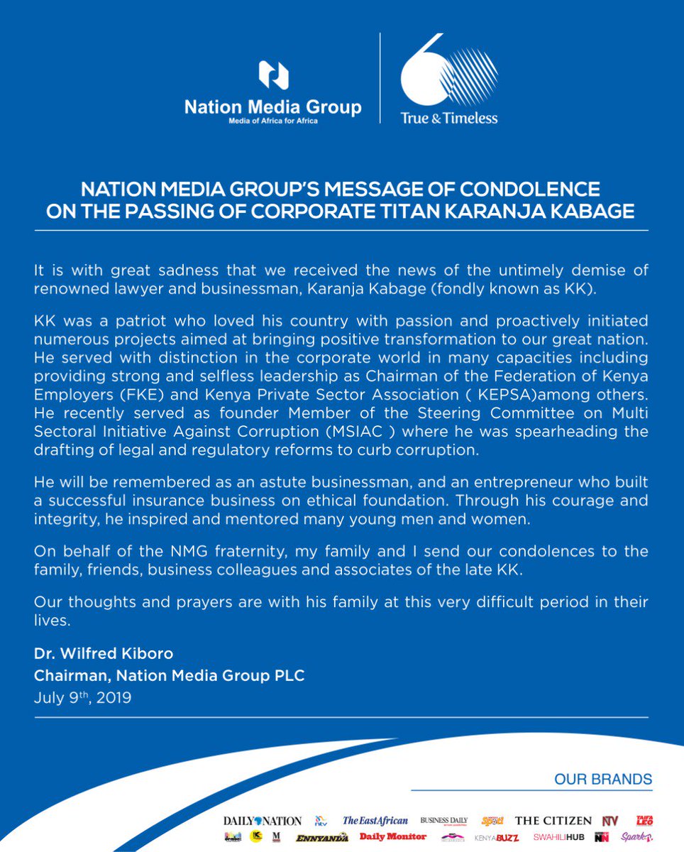 NationMediaGrp's tweet photo. NATION MEDIA GROUP'S MESSAGE OF CONDOLENCE ON THE PASSING OF CORPORATE TITAN KARANJA KABAGE

#RIPKabage https://t.co/SCyL1sKJXd