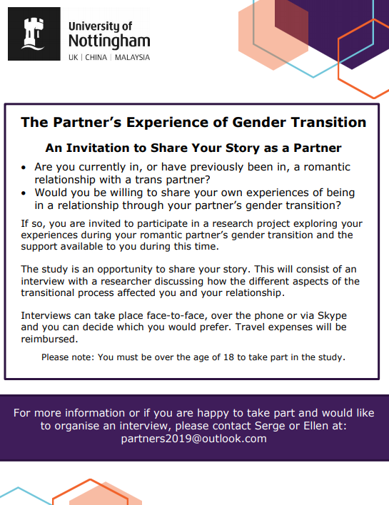 Genderintell's tweet photo. Call out to hear from partners of trans &amp; gender diverse people! The Partner's Experience of Transition research project is particularly interested in speaking to  partners who identify as male (trans or cis) or any partners aged between 18-25.  Email at partners2019@outlook.com https://t.co/ExjXUgEAa5