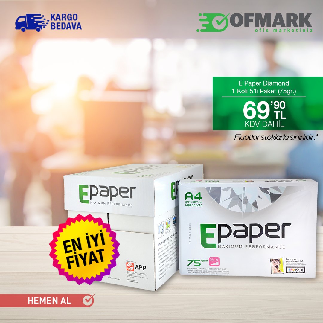 E Paper A4 Fotokopi Kağıdı 75 gr 1 Koli (5 Paket-2500 Sayfa) en iyi fiyat garantisiyle Ofmark'ta. Hemen sipariş verin, 1 gün sonra ofisinize gelsin. 

bit.ly/2RDJyFY

#ofmark #ofis #ofisihtiyaçları #ofishayatı #ofismalzemeleri #ofishalleri #kağıt #fotokopikağıdı