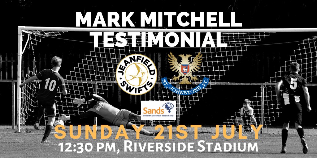 JeanfieldSFC's tweet photo. We’re delighted to announce the final arrangements for Mark Mitchell’s Testimonial. ⚽️

@Teddymaybs is bringing his @StJohnstone side to the Riverside to celebrate Mark’s long service to our club. 👏🏻

Funds raised will be shared between Mitch &amp; @SandsUK 😄

Please share! 👍🏻

#MM1 https://t.co/eU4GpCb7HD