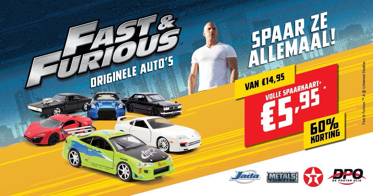 Spaar ze allemaal, de originele auto’s van de bekende film Fast &amp; Furious. Bij elke besteding van €10,- (tot een maximum van €40,- per transactie) ontvang je een zegel. Bij een volle spaarkaart (5 zegels) kan je een auto aan  schaffen voor een bedrag van €5,95. #sparen