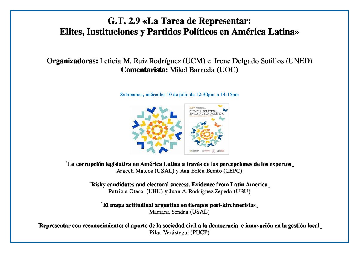 Pol_Science_Es's tweet photo. Participación de los miembros del Proyecto en #AECPA2019Salamanca!! 

📢#LeticiaMRuiz  y #IreneDelgado organizan el G.T: «La tarea de representar:  #Elites, #instituciones y #partidos en #AméricaLatina»
Comentará la sesión  #MikelBarreda
📌¡Te esperamos! @Patrioterof @cepcgob https://t.co/eMTfIlq1xR