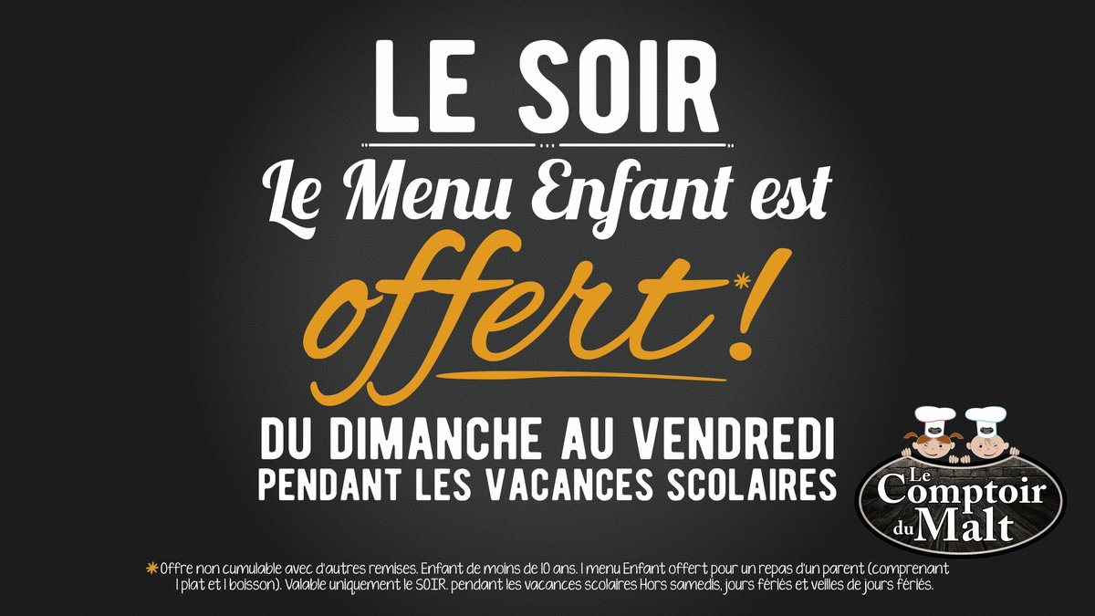 #MardiConseil Le soir des vacances scolaires, le menu enfant est #OFFERT* !

*1 menu enfant offert pour le repas d'un parent (comprenant 1 plat et 1 boisson). Valable uniquement le soir, hors samedi.