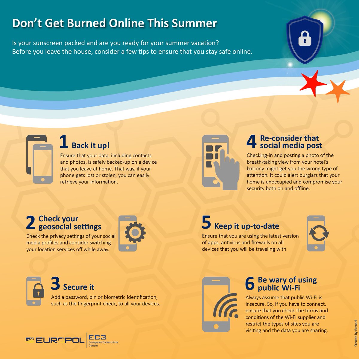 EC3Europol's tweet photo. Packing up for your summer vacation? 😎 Take a moment to review your digital luggage as well 📱 Check out these 👇 tips. https://t.co/DvQqRE6bpQ