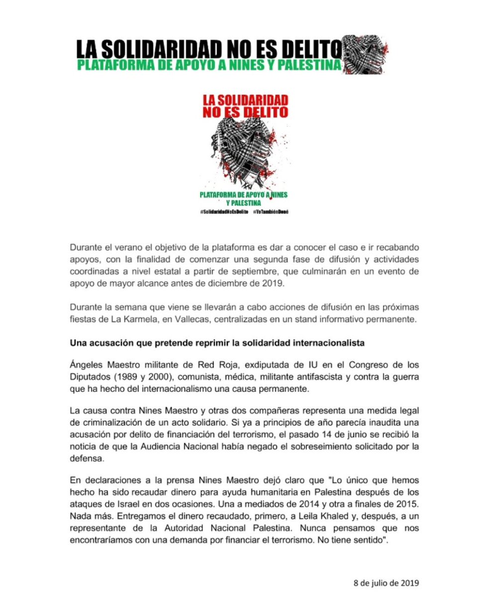 Somos la Plataforma de Apoyo a Nines y Palestina. En esta #NotaDePrensa decimos que la #solidaridadnoesdelito Queremos ser noticia. ¿Nos ayudáis? <a href="/Lucia_Nistal/">Lucía Nistal</a> <a href="/pardodevera/">.</a> @LaFallaras <a href="/RequenaAguilar/">Ana Requena Aguilar</a> <a href="/ikaitor/">Aitor Riveiro</a> <a href="/Miquel_R/">Miquel Ramos 🥘</a> <a href="/Sara_MonteroM/">Sara Montero</a> conninesporpalestina.org/2019/07/08/nac… #PalestinaLibre