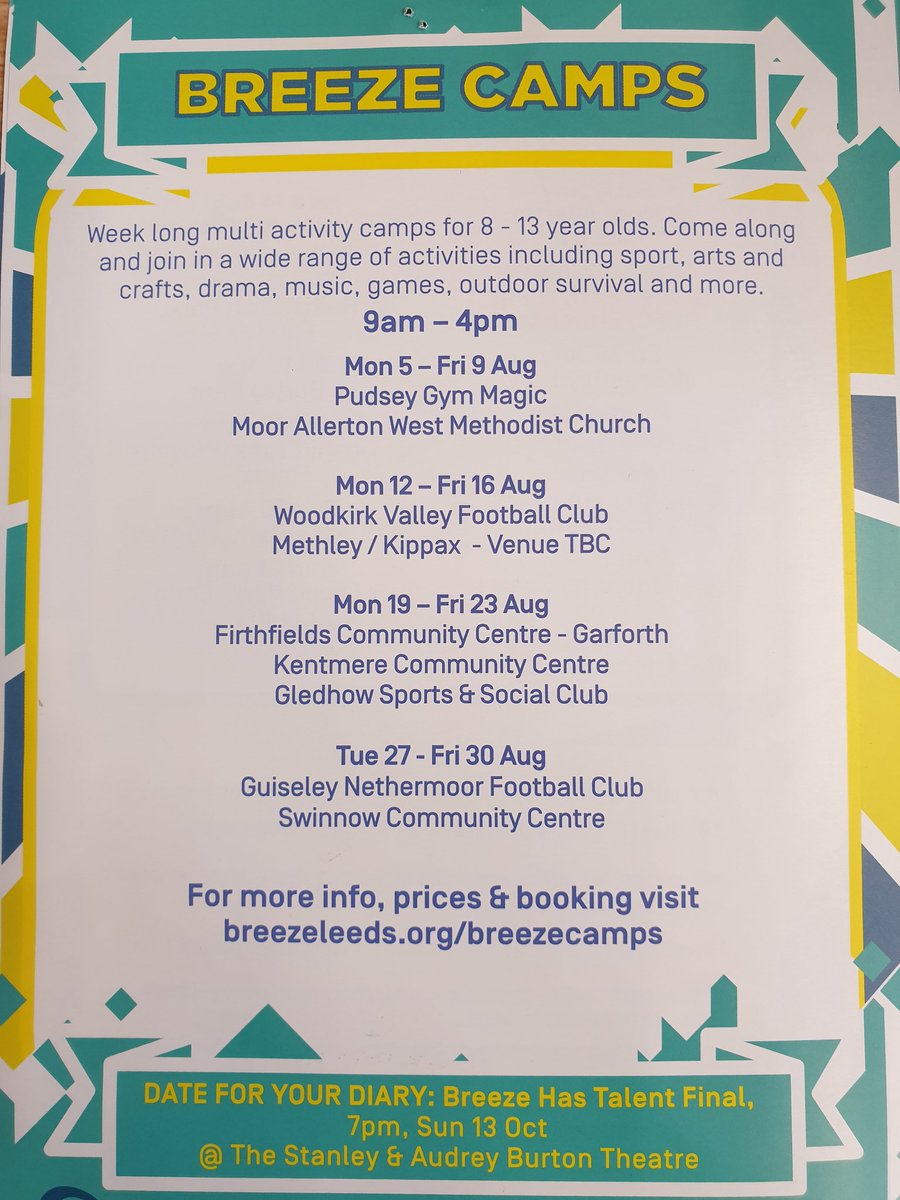 Great camps run by LCC Breeze staff please share as we have one in our back yard for all our kids  <a href="/WestertonPS/">Westerton Primary</a> @MorleyOb <a href="/Mister_Morley/">Noel Bullock</a> <a href="/MorleyChamber2/">MorleyChamber</a> <a href="/WoodkirkValley/">Woodkirk Valley Football Club</a>