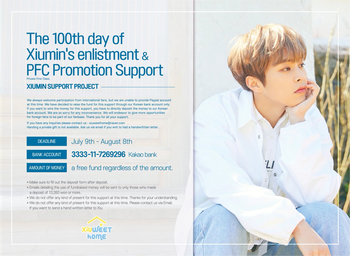 xiuweethome's tweet photo. XIUWEETHOME SUPPORT 

시우민 입대 100일 &amp; 일병 진급 서포트

PART 1. 모금
📩 https://t.co/Z32pvbjH0c

자세한 내용은 이미지와 폼을 참고해주세요. https://t.co/od1IsbRIAn