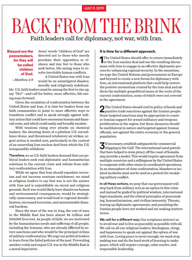 jimwallis's tweet photo. 200 faith leaders are saying a clear and emphatic NO to war with Iran #NoWarWithIran https://t.co/HvAjdmQ0Se