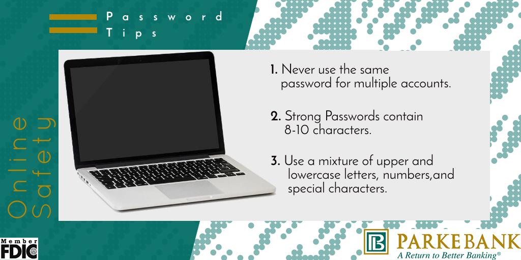 ParkeBank's tweet photo. #TechTuesday: Protect your data with these password tips. 💻🔑

https://t.co/1kUA1XaKVX

#computersecurity #dataprivacy #tip #protection https://t.co/rRjQssLEaa