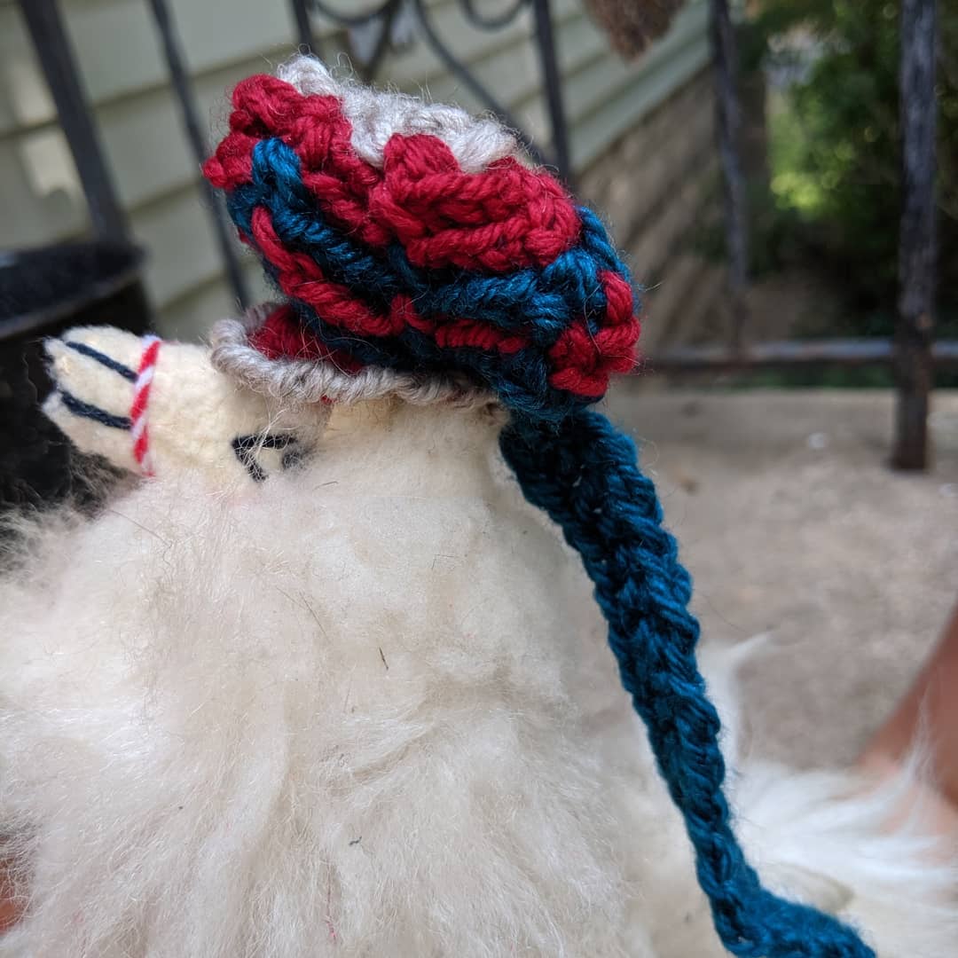 A stuffed llama wearing a crochet hat