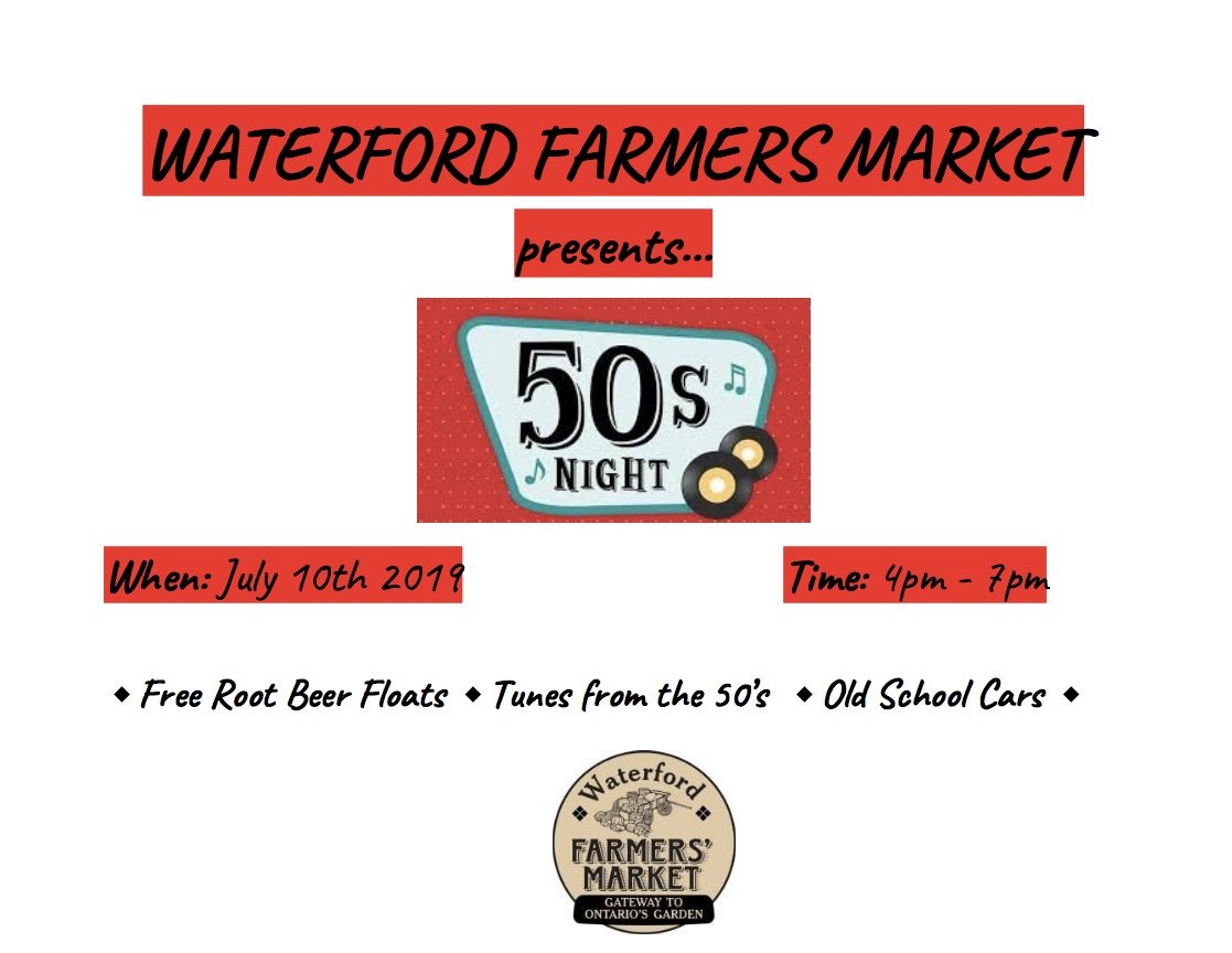 Time to break out your poodle skirts &amp; leather jackets because there is only 1 more sleep until the Waterford Farmers Market first ever 50's night! Enjoy the markets lovely local vendors as well as classic cars, old school tunes and FREE rootbeer floats. See you tomorrow at 4pm!