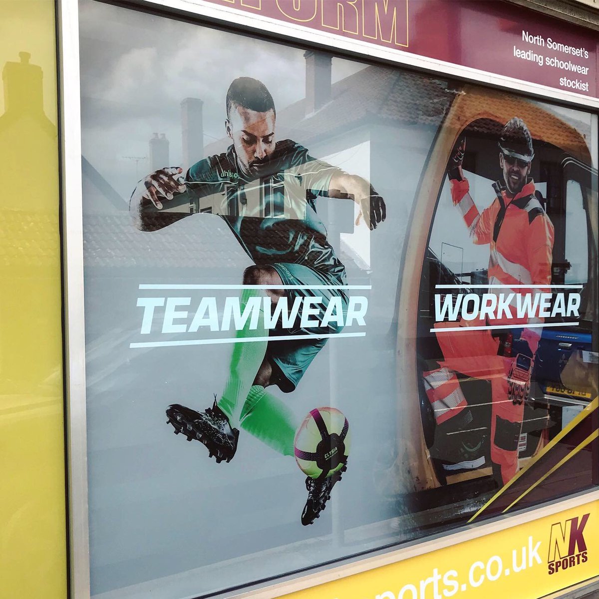 Square1_UK's tweet photo. We partnered up with our local sports and school wear shop @NKSportsWSM to supply and fit their new window graphics. #graphic #design https://t.co/OYOb5kVXZj