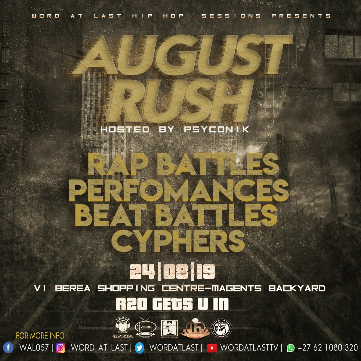 wordatlast's tweet photo. @wordatlast presents : #AugustRush
#24August°#MagentsBackyard°12pm till late🔥JOIN THE EVENT NOW 👉 https://t.co/9xHs5dqfdY
#05rapgovernmet #freestatehiphop #word4word #trainmusicza #barstown #theboomboxgang #skillsmatter #musicwithacourse #weindastreets 🇿🇦 https://t.co/x5ioX3MWaQ