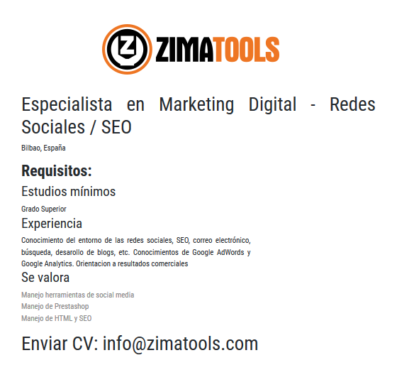 🧰 Buscamos Especialista Marketing Digital 👩‍🔧👨‍🔧

Con el objetivo de convertirnos en un referente como suministro industrial online buscamos talento en el área del marketing digital #MarketingDigital #SEO #ecommerce #trabajo 

Para más información entra a zimatools.com/content/26-tra…
