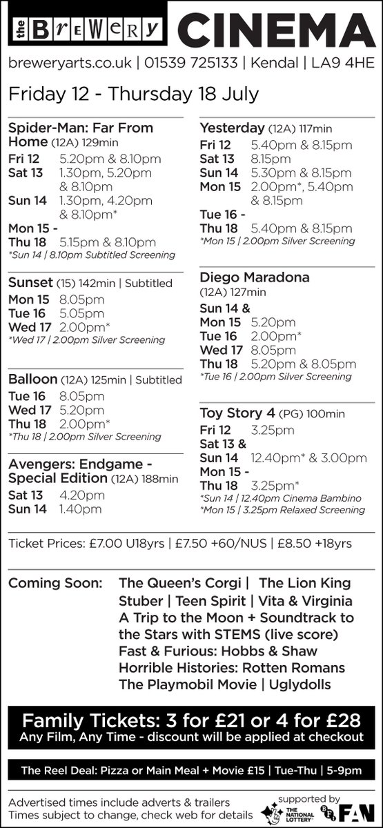 LakesCinema's tweet photo. This week at the Brewery Cinema:

#DiegoMaradonaMovie #YesterdayMovie #SpiderManFarFromHome #ToyStory4 #SunsetMovie #BallonMovie #AvengersEndgame 

@BACKendal @Marvel @DisneyMovies @CurzonCinemas @AltitudeFilms @StudiocanalUK https://t.co/8pv0NPs0P9