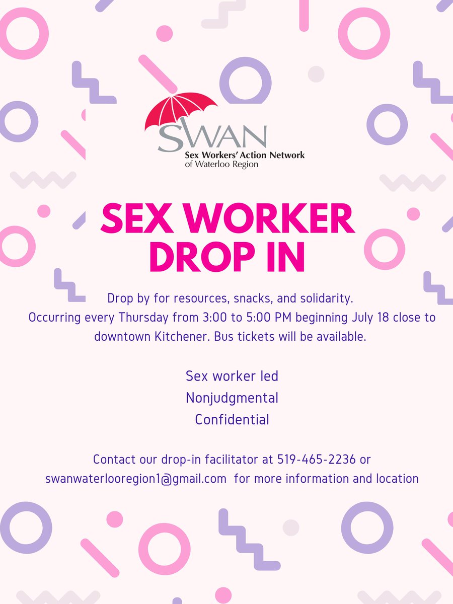 SWAN_Waterloo's tweet photo. We are thrilled to announce that we are starting a drop in program for and by sex workers! It will occur every Thursday from 3 to 5 PM beginning on July 18. Drop by for solidarity, snacks, and free resources (including clothing, hygiene products, safer sex materials, and more)! https://t.co/bgsVjIfurp