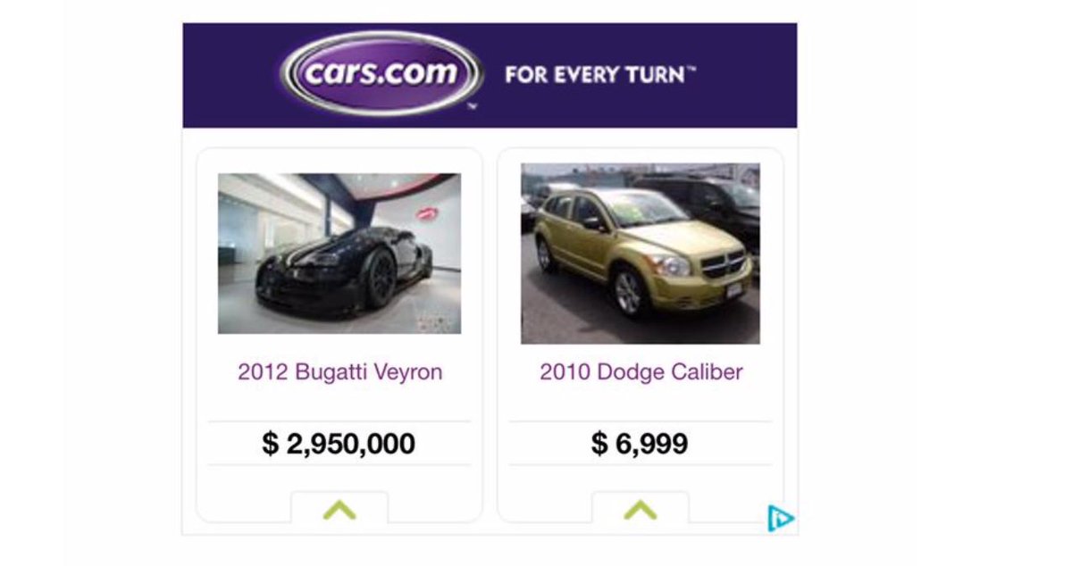 8) Exhibit a- Ad tech is smart enough to know I looked for a used car and to place an ad within seconds, but not smart enough to know that nobody is either looking to spend $7,000 or $3m on a car or make an ad that is vaguely appealing