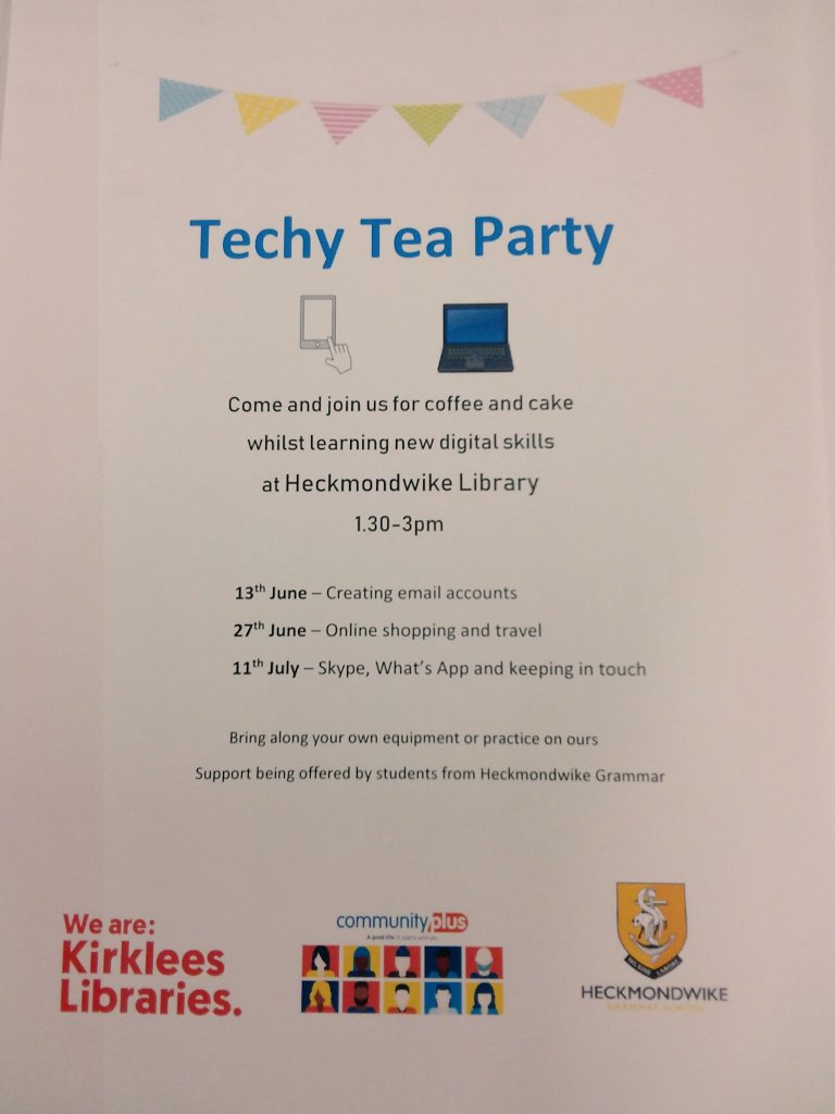 KirkleesLibrary's tweet photo. Join us at Heckmondwike Library this Thursday, 11th July for our Techy Tea Party 1:30-3pm.
Come along and meet students from Heckmondwike Grammar and get some help #digitalsupport #techyteaparty @HeckGrammar #IThelp #heckmondwikelibrary https://t.co/toXPTuxQh9