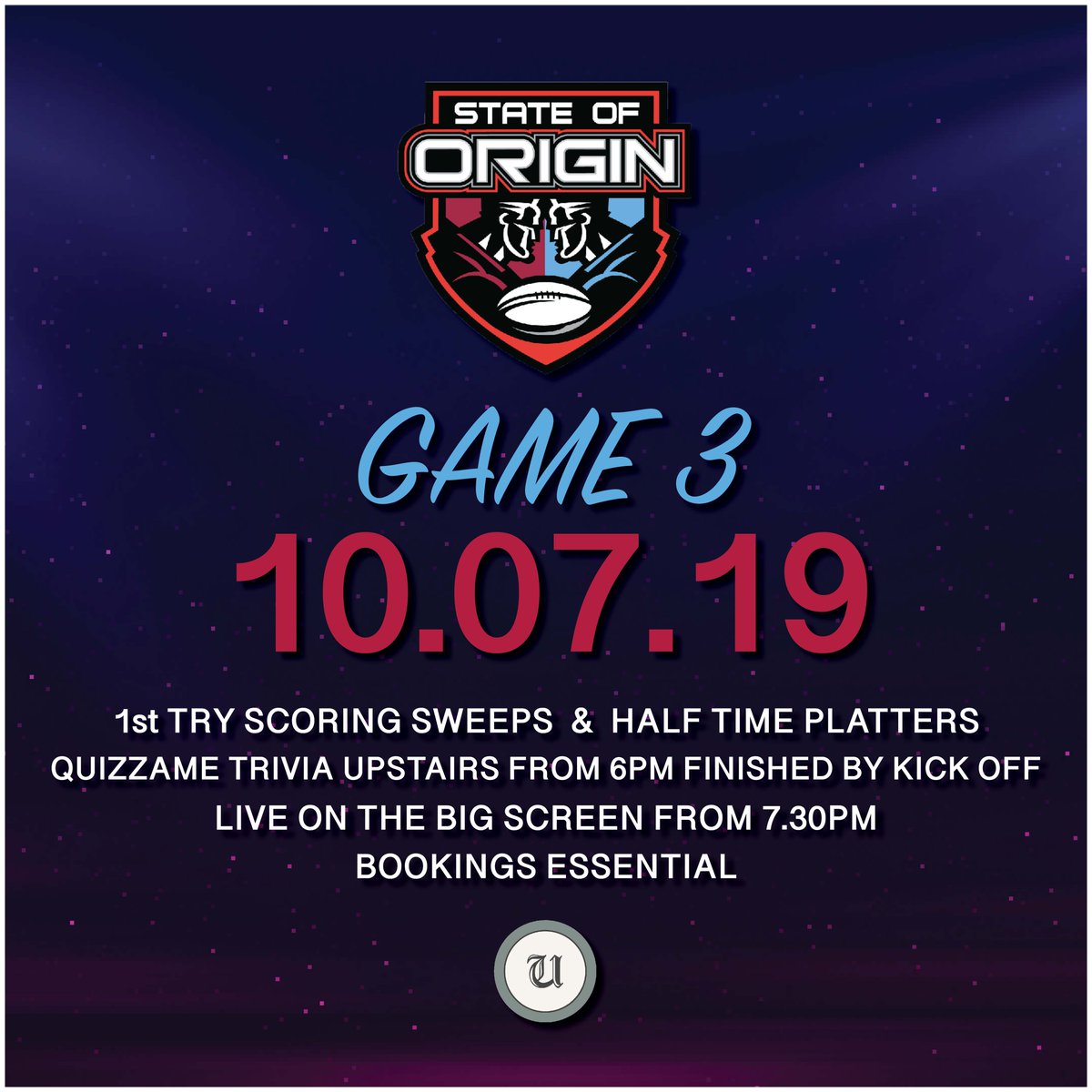 UnionClubHotel's tweet photo. Join us for STATE OF ORIGIN - TOMORROW NIGHT!
Quizzame starts a little earlier, from 6pm, then hang around for the footy - Wednesday night sorted!
#origin #stateoforigin #goblues #unionwagga #unionclubhotel #wagga #waggawagga #visitwagga #waggapubs https://t.co/3Qs85IhaY7