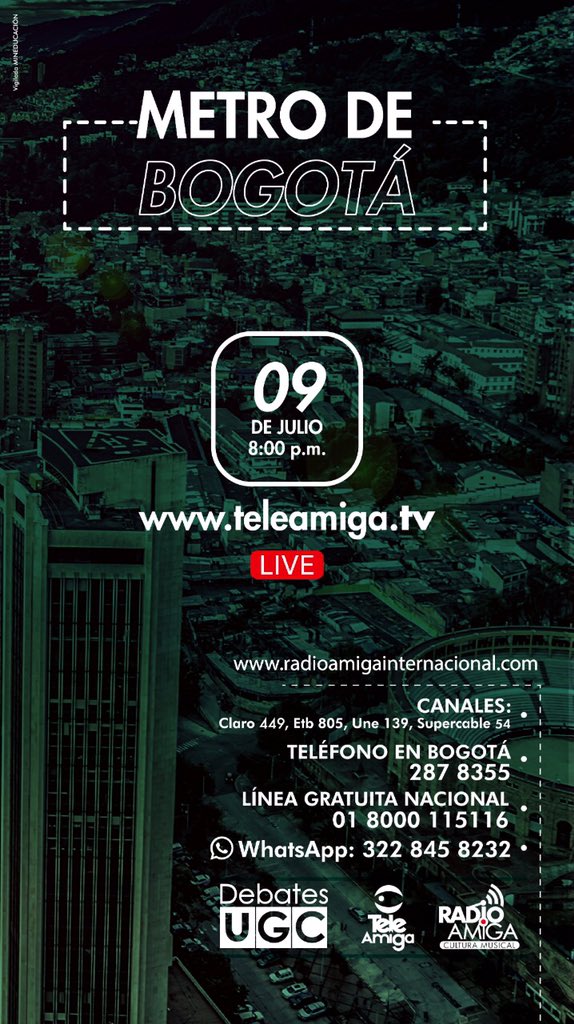 rodrigorianop's tweet photo. Esta noche en #DebatesUGC estaremos hablando del @MetroBogota desde la academia. No se lo pueden perder por @Canalteleamiga 8:00pm. @ULaGranColombia https://t.co/S6qySwGdpJ