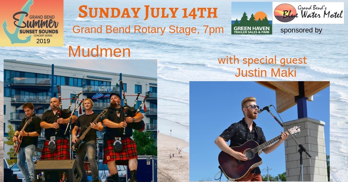 Free concert on Grand Bend beach! Donations appreciated. Bring a lawn chair. <a href="/themudmen/">Mudmen</a> <a href="/justinmakimusic/">Justin Maki</a> #GrandBend
