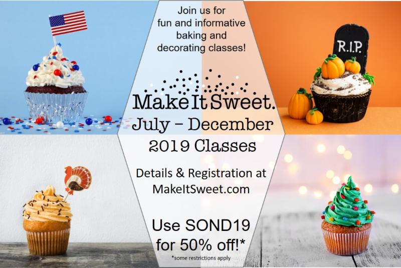 MakeItSweetATX's tweet photo. Our baking and decorating class calendar is now available for classes through December!  To celebrate we are offering classes at 50% off.  Register now through 7/15 and use the code SOND19 to get the discount.  Links to details and more here - https://t.co/m51SrNgfSN https://t.co/cIeNPh1Zsv