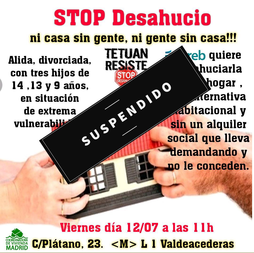 OViviendaTetuan's tweet photo. Suspendido stopdesahucios de este viernes en Valdeacederas Tetuán. 
La @sareb abre un plazo de 60 días para negociar. Seguiremos informando
#SiSePuede https://t.co/ChfQQBo0Be