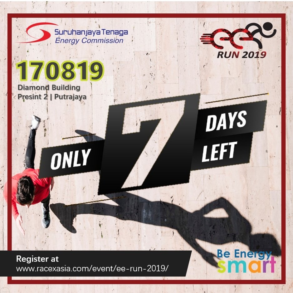 ST_Malaysia's tweet photo. Calling all runners...7 days left for you join EE Run 2019. Register now at https://t.co/NS4SkrgT4W

#suruhanjayatenaga #jadilahbijaktenaga #energycommission #beenergysmart #eerun #energyefficiencyrun #energyefficiencyrun2019 @EERun2019 https://t.co/IyIYMOdMi1