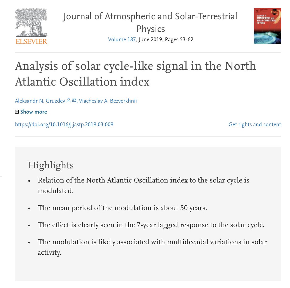 WWeijari's tweet image. Study 2019: A solar cycle signal with a 7 year lag is observed in the Northern Atlantic Oscillation. doi.org/10.1016/j.jast… #climatechange #solarforcing