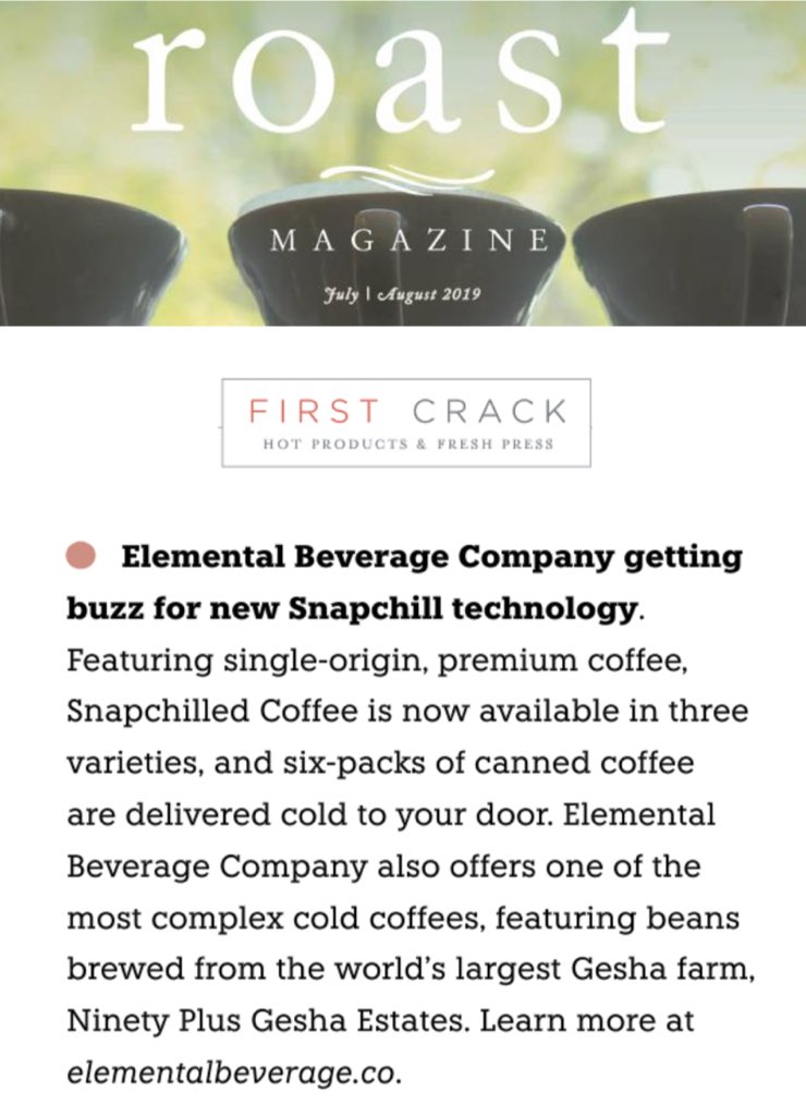 ElementalBevCo (@bevelemental) on Twitter photo Thank you Roast Magazine for featuring our #Snapchill Technology in your “First Crack: Hot Products & Fresh Press” section! We too love the complexity of our <a href="/ninetyplus/">Ninety Plus</a> #gesha. Experience the Snapchilled difference for yourself! Visit: bit.ly/2M4spGr
#specialtycoffee Thank you Roast Magazine for featuring our #Snapchill Technology in your “First Crack: Hot Products & Fresh Press” section! We too love the complexity of our <a href="/ninetyplus/">Ninety Plus</a> #gesha. Experience the Snapchilled difference for yourself! Visit: bit.ly/2M4spGr
#specialtycoffee