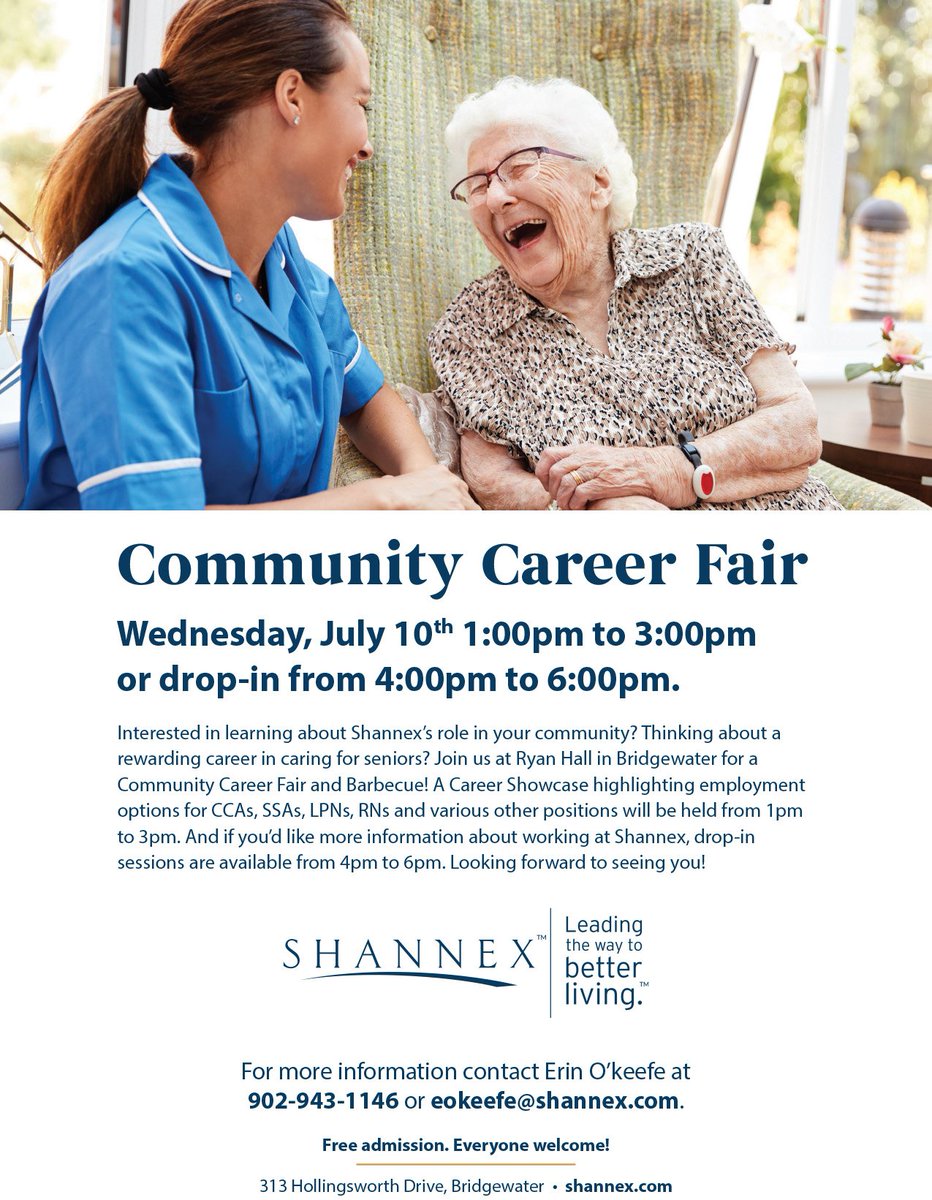 ShannexInc's tweet photo. Interested in learning about Shannex's role in your community? Thinking about a rewarding career in caring for seniors? Join us tomorrow at Ryan Hall in Bridgewater for a Community Career Fair and Barbecue! Free admission. Everyone is welcome! #GreatPeople #Shannex https://t.co/mcnhn2UyVI
