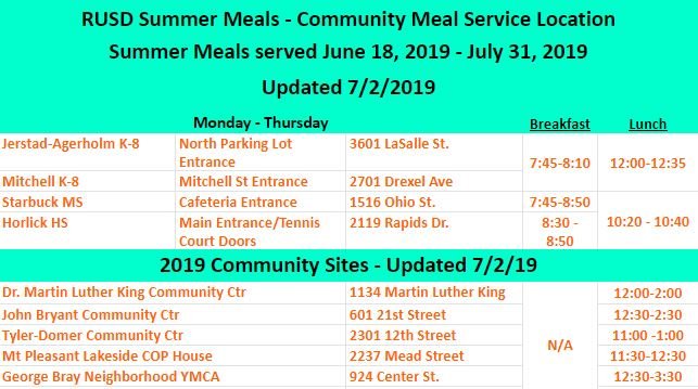 Here is an updated list for the Summer Meals program.

This program provides free healthy meals for kids &amp; teens. There is no need to sign up. Just show up, enjoy some food and meet some new friends!

The Summer Meals program runs Mondays through Thursdays until July 31.
