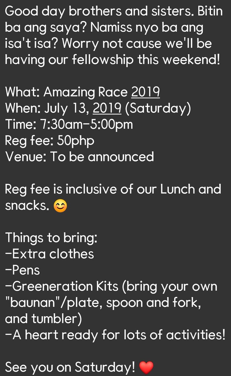 FatimaShout's tweet photo. Be excited! The most awaited Amazing Race is coming to our Chapter this Saturday 😊 save the date! One Fatima, One Family! 💝

07.13.2019 https://t.co/ecv8fFCM5n