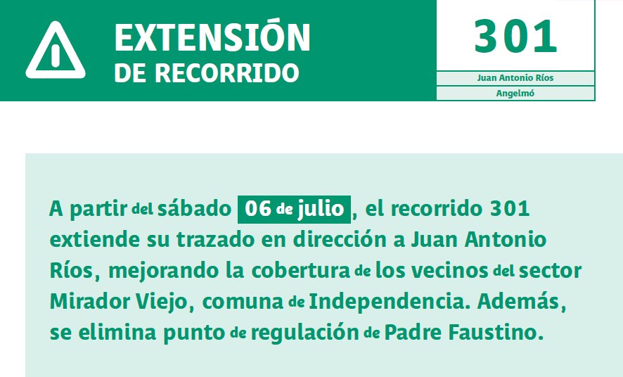 Transantiago's tweet photo. Si eres usuario del servicio 🚍301 recuerda que #ModificóSuRecorrido por #PlanOperacional. Extendió su trazado en dirección a Juan Antonio Ríos mejorando la cobertura de los vecinos del sector Mirador Viejo en #Independencia.  

https://t.co/VhWSaeOYbU ⬅ https://t.co/zaxrBq1WPC