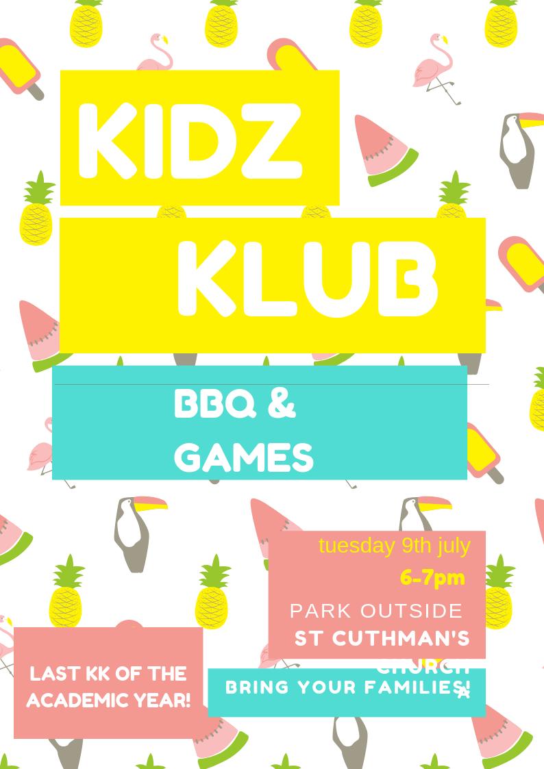 Calling all Kidz Klubbers and your families!! Join us at the park outside church 6-7pm this evening for a BBQ and games! Don't miss out!
