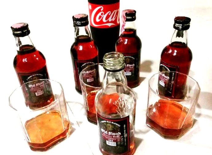 Sharing some Famous Experiments : Old Monk goes well with Coke and water: 60ml of Old Monk with 100ml water and 100ml Coke is the best combination. The beauty of this blend is that it doesn't dehydrate your body and tastes really good. Believe me, this is an all-season beauty.