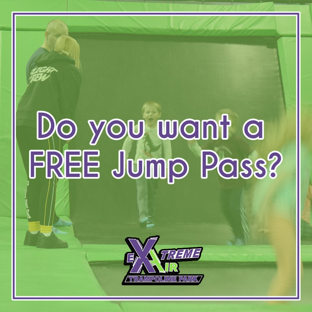 Did you know Extreme Air gives away FREE jump time EVERY night? All you have to do is share your Extreme Air memories with us. 

💚 Post your favorite photo at Extreme Air 
💜 Use the hashtag #ExtremeAir or leave us a review 
💚 MUST be in the building when we announce winner