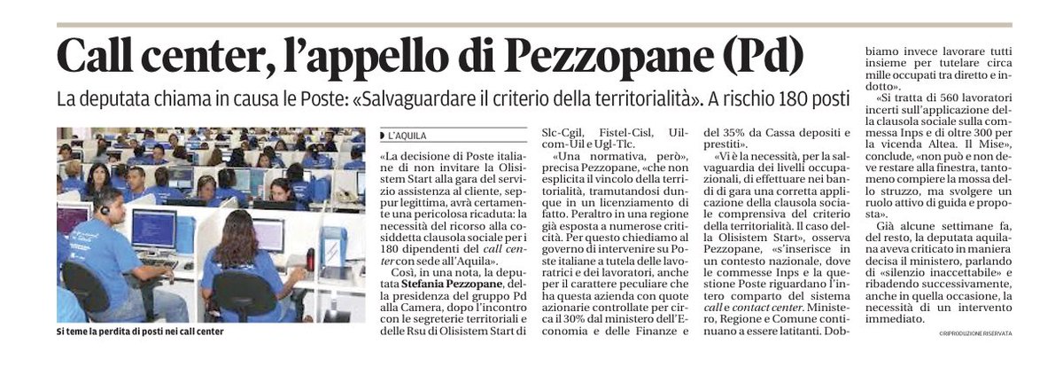 stefaniapezzopa's tweet photo. Nel disinteresse del #governo #regioneabruzzo #comuneLAquila circa 1000 lavoratori e lavoratrici rischiano posto di lavoro nei #callcenter, faccio appello a @PosteNews e @inps per #clausolasociale e #territorialità #lavoro #vertenza @Deputatipd @pdnetwork https://t.co/LSBXns8YM8