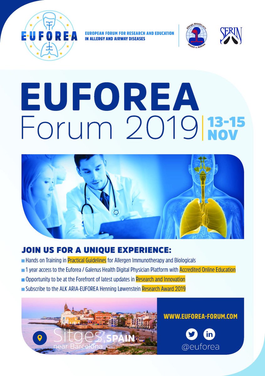 ARIAGuideline's tweet photo. EUFOREA Forum @ https://t.co/akvoMfYM4j - 13th to 15th Nov 2019, Sitges
Registration for the EUFOREA Forum is now OPEN!
Register now https://t.co/VMdyqWqiO6 #EUFOREA #EUFOREAForum #AllergenImmunotherapy #Biologicals https://t.co/tNpg1lSZYF