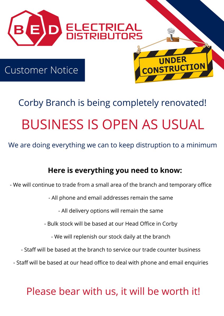Our Corby Branch is currently under renovation, however the branch is still open as usual for all customers. We look forward to the new Corby branch opening soon. Please bear with us it will be worth it!