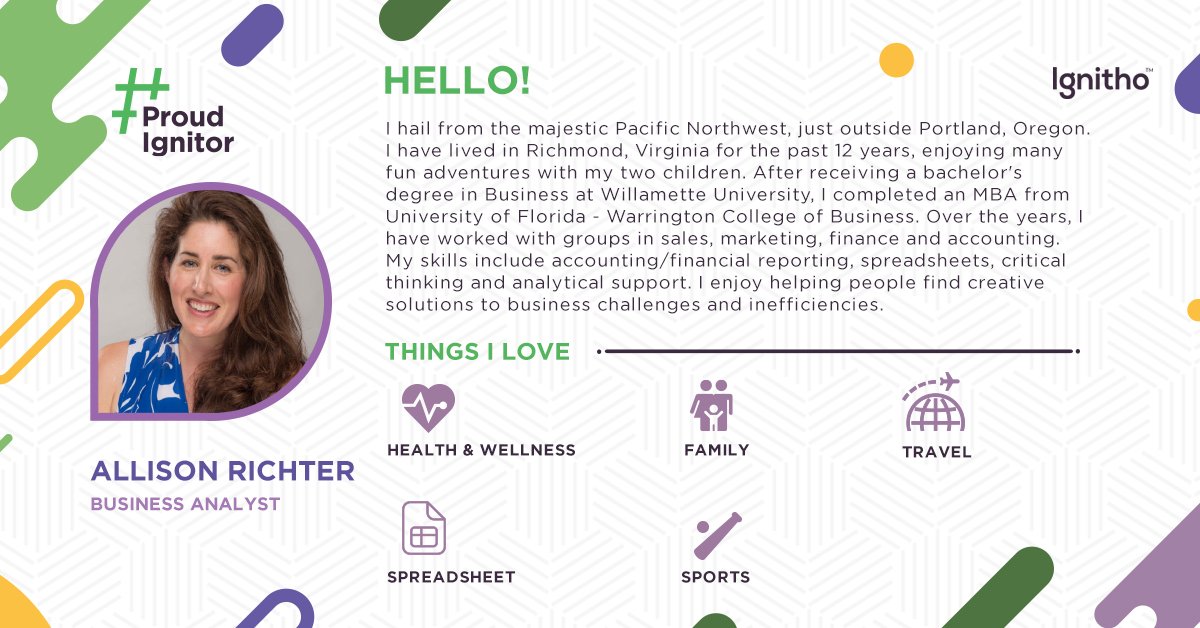 ignitho's tweet photo. Welcoming our new Ignitor Allison Richter to the journey of Igniting Thought! She joins us as Business Analyst at our US Delivery Center in Richmond, VA.
#ProudIgnitor #Welcome #IgnitingThought
@JosephOlassa https://t.co/sWRX1hx5O4