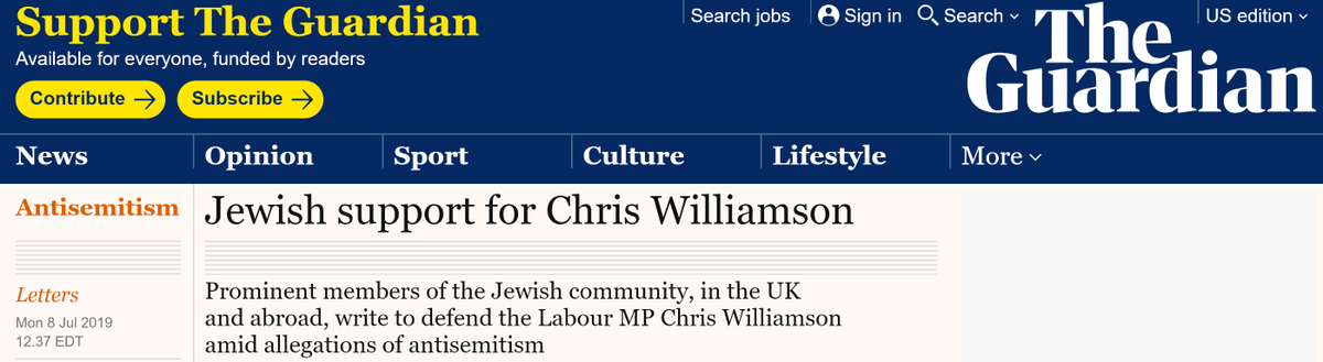 The Guardian published a letter from "prominent members of the Jewish community" defending a Labour MP who'd been suspended from the party over his anti-Semitism. Signatories included a Holocaust denier, a fake member of an anti-hate group, and other anti-Semites. Today: Oops.