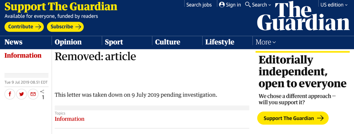 The Guardian published a letter from "prominent members of the Jewish community" defending a Labour MP who'd been suspended from the party over his anti-Semitism. Signatories included a Holocaust denier, a fake member of an anti-hate group, and other anti-Semites. Today: Oops.