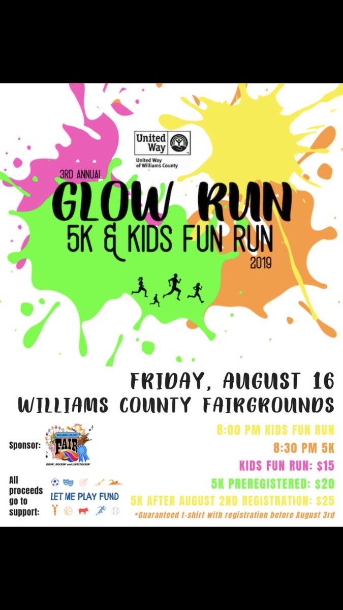 BHSGoldenBears's tweet photo. United Way of Williams County
Glow Run 5K & Kids Fun Run
to support our local
โLet Me Play Fundโ #ColorTheNight https://t.co/7vvLMLTLnO