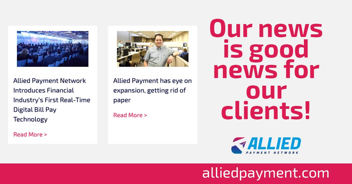AlliedPayment's tweet photo. We've got some great news! Visit the @AlliedPayment News & Events page on our #NewWebsite to see how we're changing the #billpay industry! #FasterPayments #RealTimePayments #PicturePay #FlexPay #A2A #P2P
https://t.co/vyc7hDN7ZZ https://t.co/vvhbVPYkM2