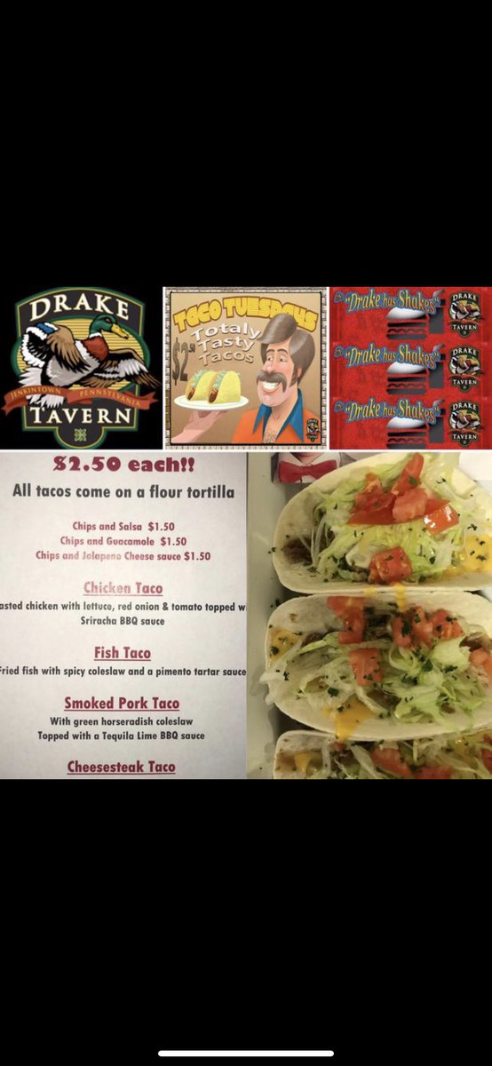 DrakeTavern's tweet image. DRAKE TAVERN 

TUESDAY $2.50 TACOS

$8.99 LUNCH SPECIAL 
SOUP &amp;amp; SANDWICH OR SOUP &amp;amp; SALAD. INCLUDES A SOFT DRINK MONDAY -FRIDAY 11AM-3PM