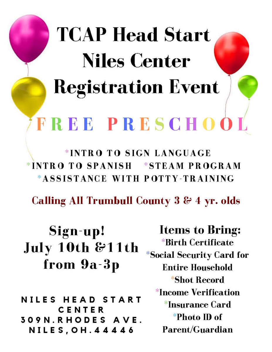 TCAPHeadStart's tweet photo. Upcoming Nile's Center Registration Event! Sign your child(ren) up July 10th &amp; 11th. Registration contact # (330) 393-2507 Ext. 285 https://t.co/ODQSWjTw2i