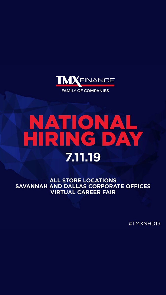 Come join our family, at TMX Finance!  Work somewhere you truly enjoy!  Come see us for National Hiring Day 07/11/2019, from 9-7!  Its gonna be GREAT!  Come see me!!
#TMXNHD19  #CentralZone #TENNESSEE